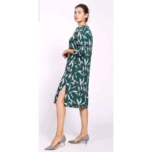 ICHI Women's Button‎ Up Green Dress With Print V-Neck 3/4 Sleeve Size S